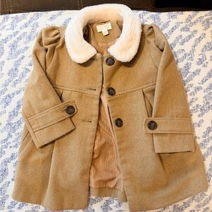 pumpkin patch Tan Pea Coat with Cream Faux Fur Collar